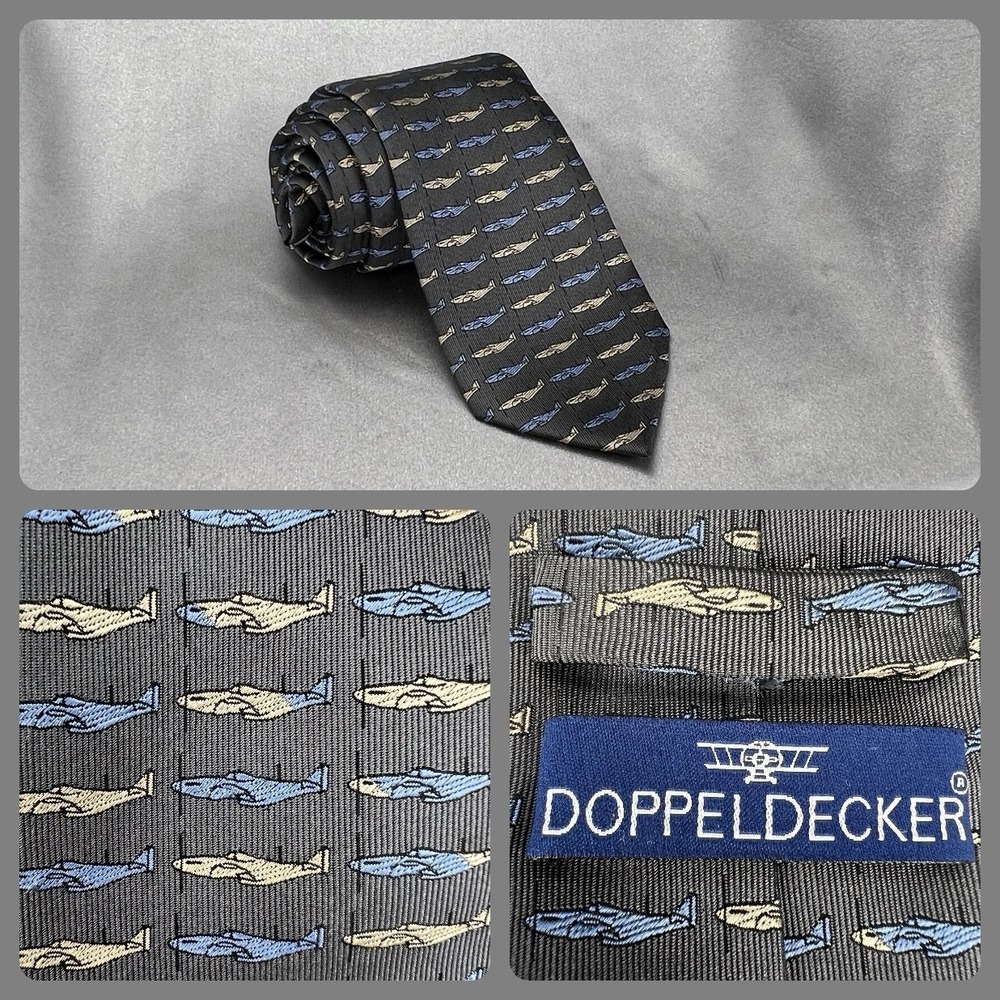 Doppeldecker Silk Tie WWII‎ Style Fighter / Trainer Airplanes Charcoal Vintage